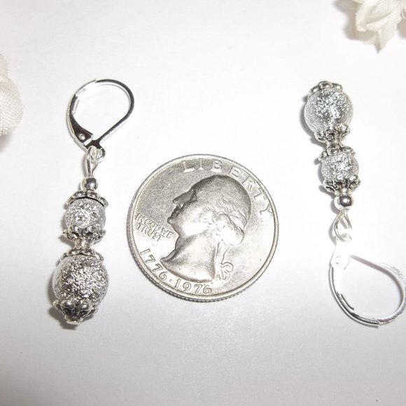 Silver Glittery Earrings Set Handmade Simple Minimalist Style Dangle NWT 5793 - Picture 3 of 8